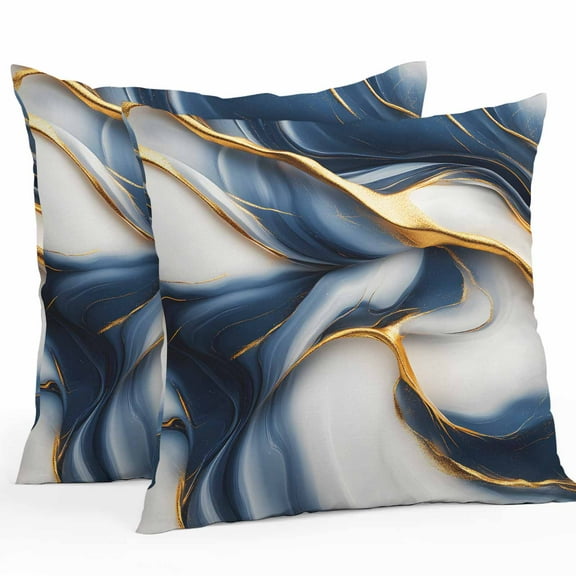 Outdoor Pillow Covers Pack of 2, Modern Blue Marble Fluid Art Waterproof Throw Pillowcase Cushion Cases, Abstract Gold Line Decorative Pillow Cover for Couch Sofa Home Bed Patio