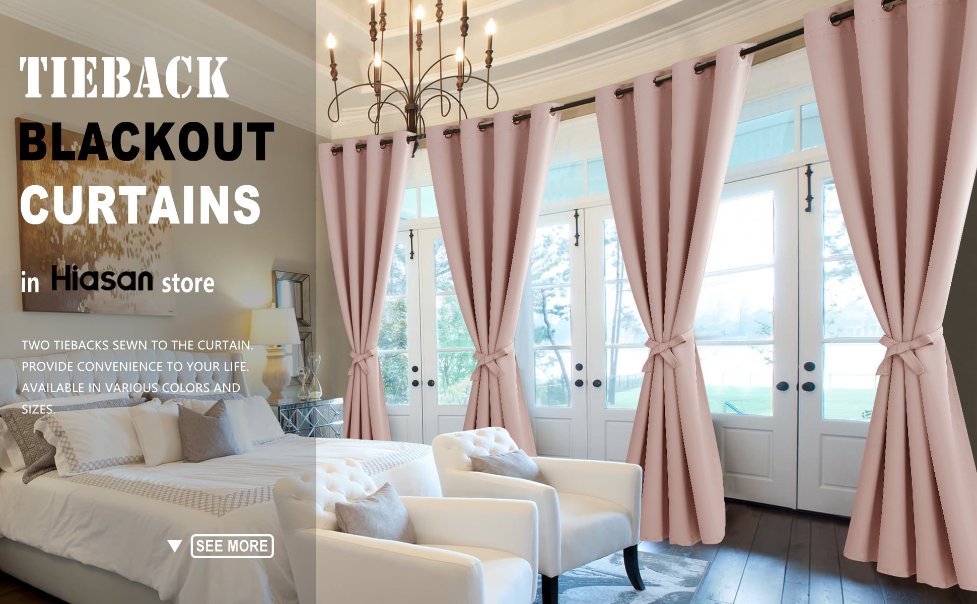 Hiasan Blackout Curtains for Bedroom - Thermal Insulated & Energy Saving Window Curtains for Living Room, 2 Drape Panels Sewn with Tiebacks, Blush Pink, 42 x 63 Inch