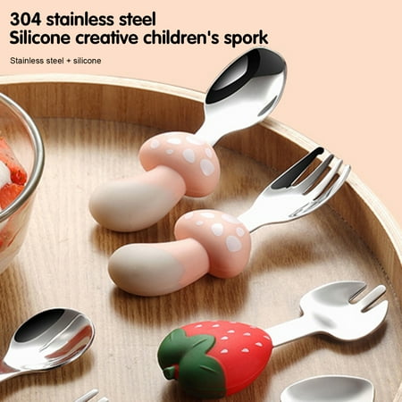 

Xinhuadsh 1 Set Kids Tableware Set Drop Resistant One-piece Moulding Learn to Eat Stainless Steel Mushroom Shape Spoon Fork Set Dining Room Supply