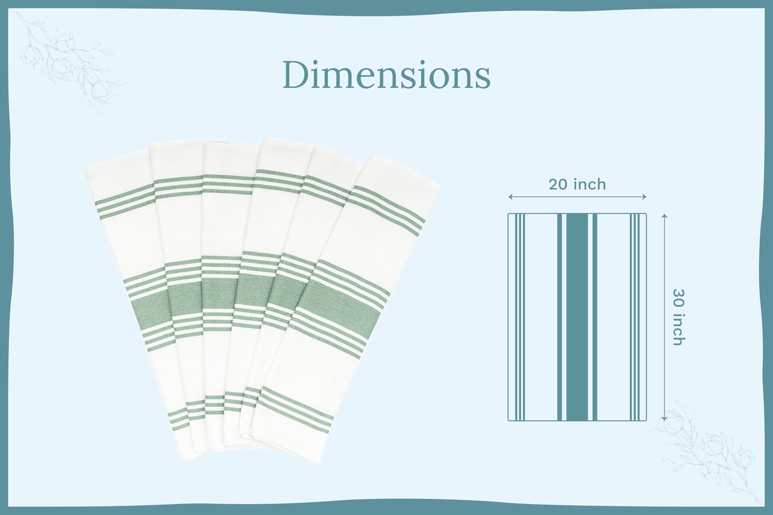 Absorbent Striped Dish Towels, 30x20", Lint-Free (Sage, Pack of 6)