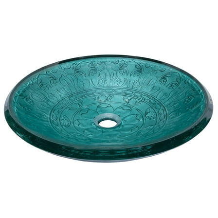 Teal Glass Vessel Sink With Embossed Pattern