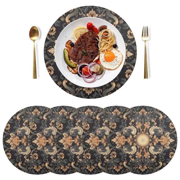 Boho Pattern Tribal Black Round Placemats Plate Mats 15 Inch Non-Slip Heat Resistant Washable PVC Set Indoor for Kitchen Dining Table 1PC