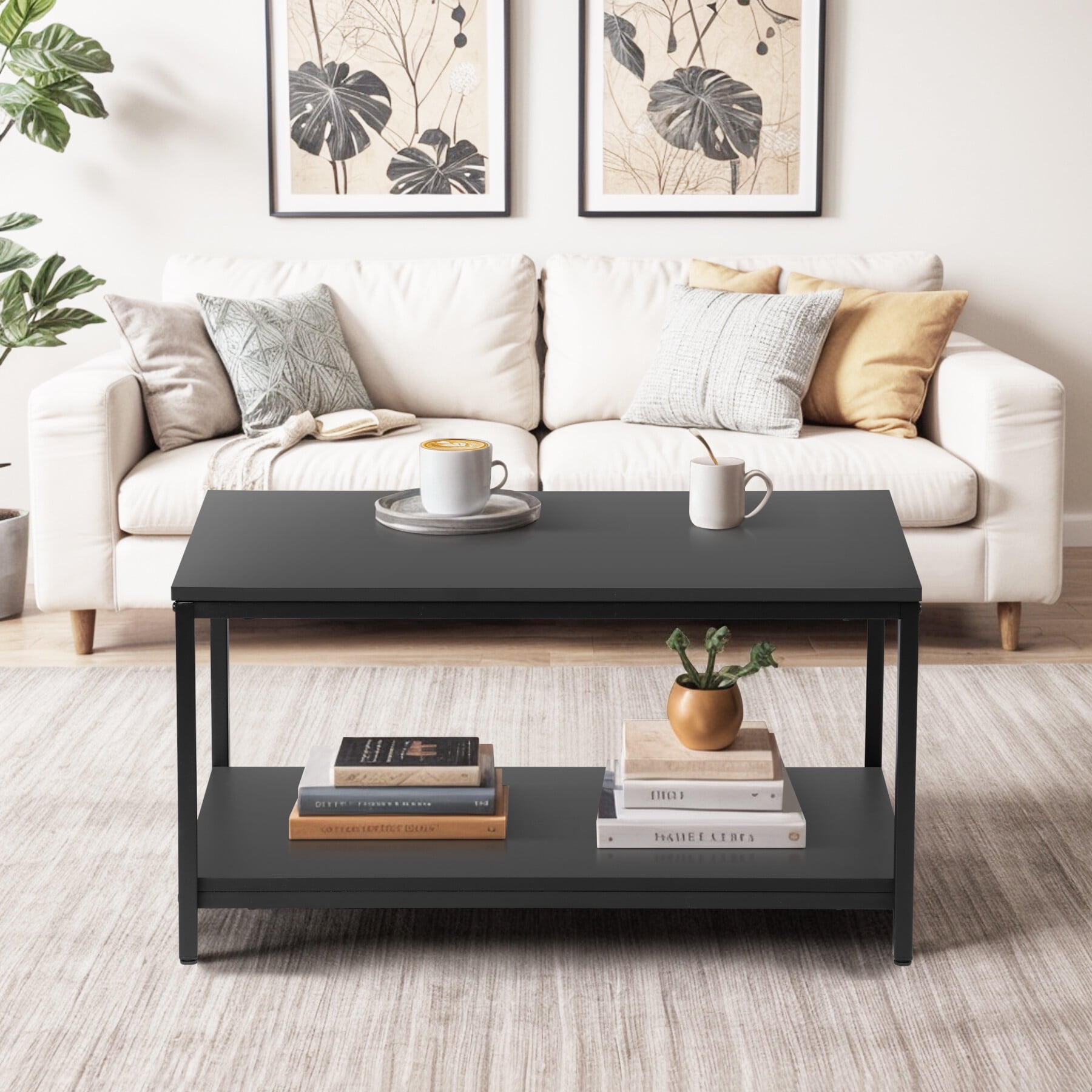 HomGarden Modern Rectangle Wood Coffee Table Indoor Cocktail Table, Black