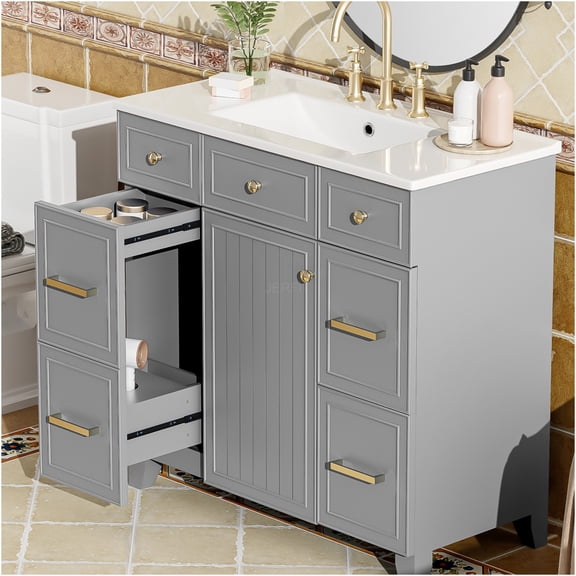 JERFIT 36 Inch Grey Bathroom Vanity with Ceramic Sink, Soft Close Doors, 3 Drawers, Solid Wood Frame, Adjustable Shelves, Transitional Freestanding Storage Cabinet