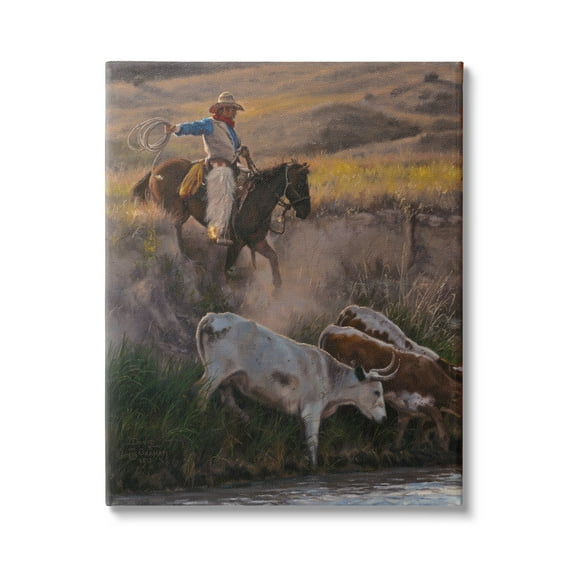 Stupell Industries Cowboy Rounding Up Cattle Lasso Animals & Insects Painting Gallery Wrapped Canvas Print Wall Art