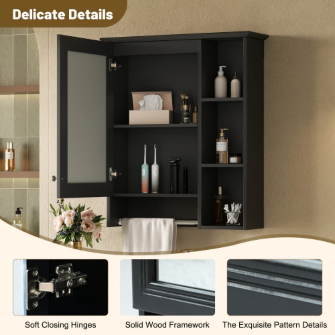 24" Wall Mounted Medicine Cabinet with Mirror, Bathroom Storage Cabinet with Adjustable Shelf, Soft Close Door & Towel Bar, Modern Over Toilet Organizer, Black