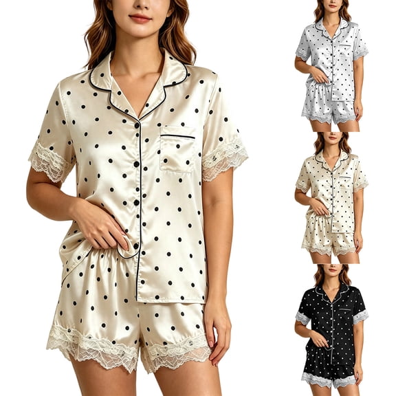 Bixock Silk Pajamas for Women 2 Piece Loungewear Set Short Sleeve Button Front Top And Shorts Polka Print Lace Indoor Homewear Sleepwear Out Women Clothings