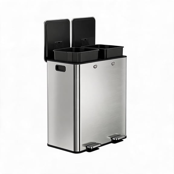 Garvee 15.85 Gallon Trash Can with Double Recycling Bin, Stainless Steel, Step-on Garbage Bin, Silver, 1 Count