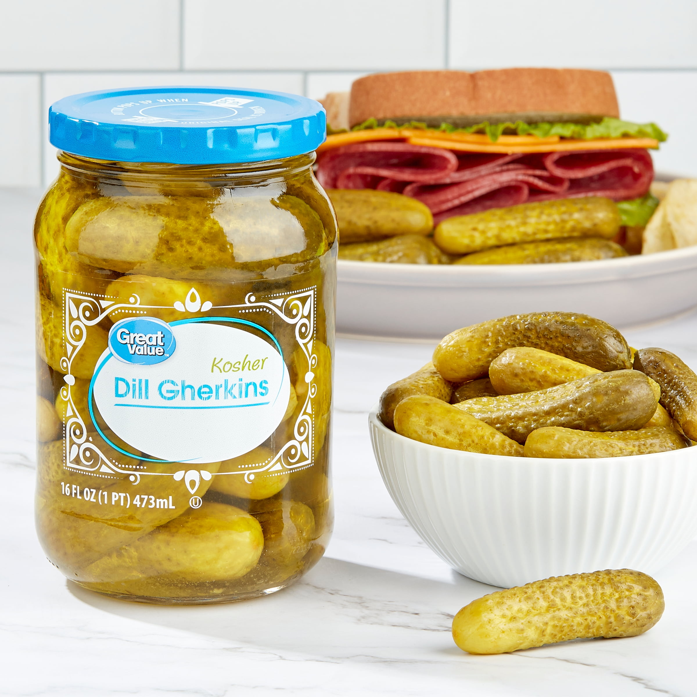 (6 pack) Great Value Kosher Dill Gherkins Fresh Pack, 16 fl oz