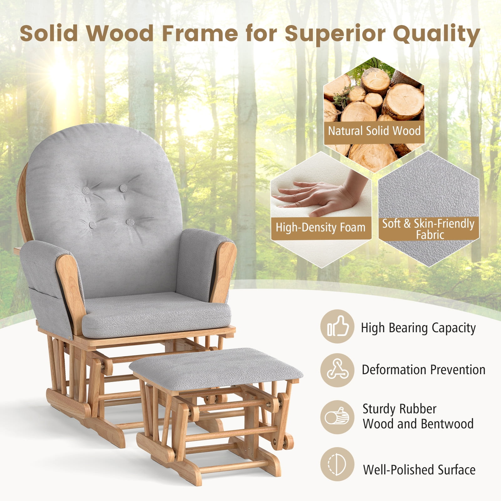 Gymax Glider & Ottoman Cushion Set Wood Baby Nursery Rocking Chair Glider Gray