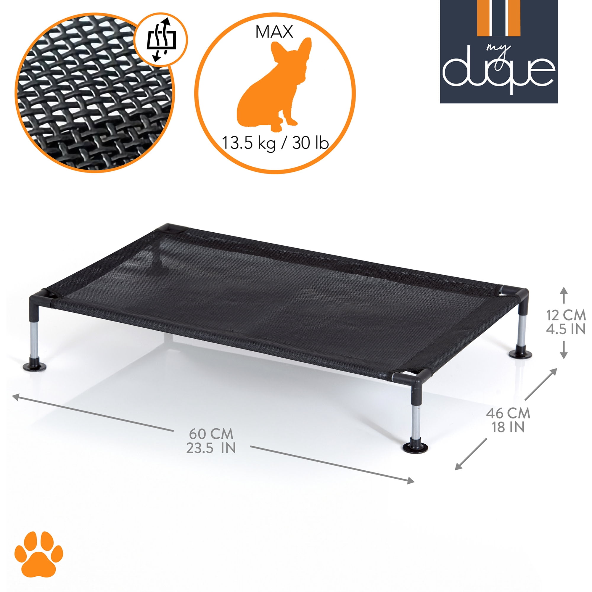 My Duque: COOLA Pet Bed - Small - Black, 23.5 x 18" Dog Lounger, Breathable Mesh Fabric, Elevated Structure For Joints, Steel Frame, Animal 30lb Cap