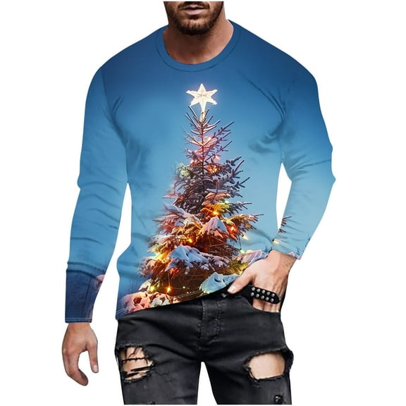 Christmas T-shirts For Men Long Sleeve Crewneck Pullover Tops Bright Xmas Tree Graphic Fall Wimter Clothes