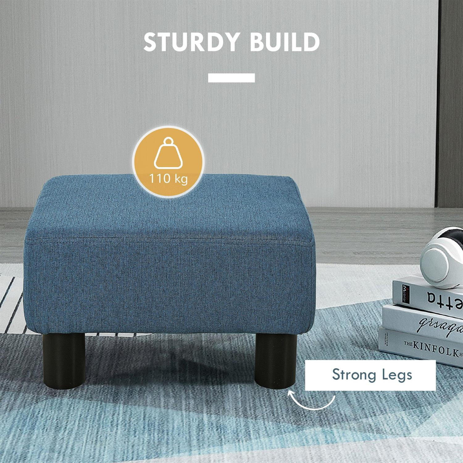 Demi Bonn 15" Compact Ottoman Footrest, Linen Fabric & Plastic Legs Stool, Living Room Cube Footstool, Blue