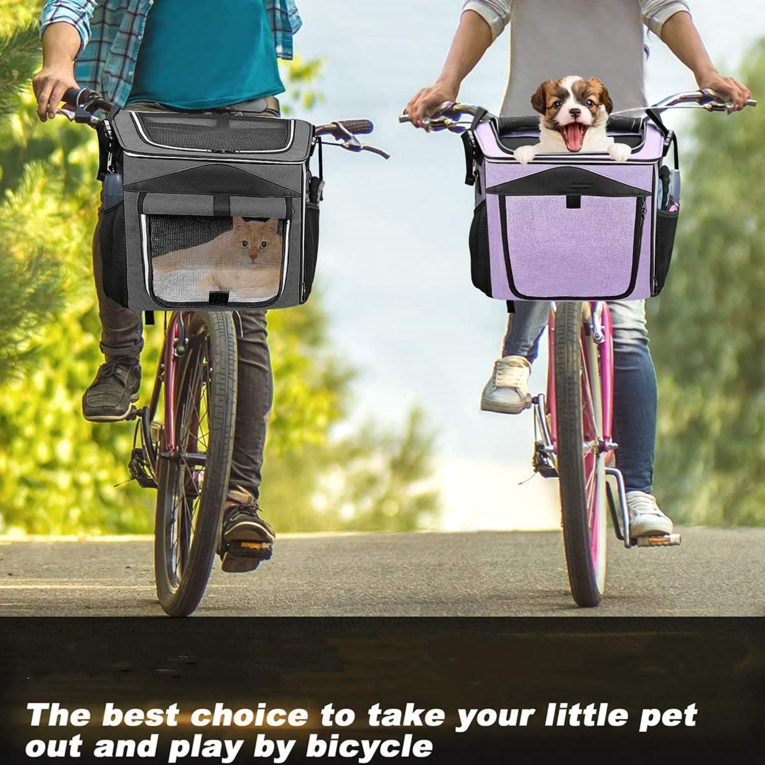 Dog Bike Basket Carrier, Expandable Foldable Soft-Sided Dog Carrier, 2 Open Doors, 5 Reflective Tapes, Pet Travel Bag,Dog Backpack Carrier  and Easy for Small Medium Cats and Dogs(Black)
