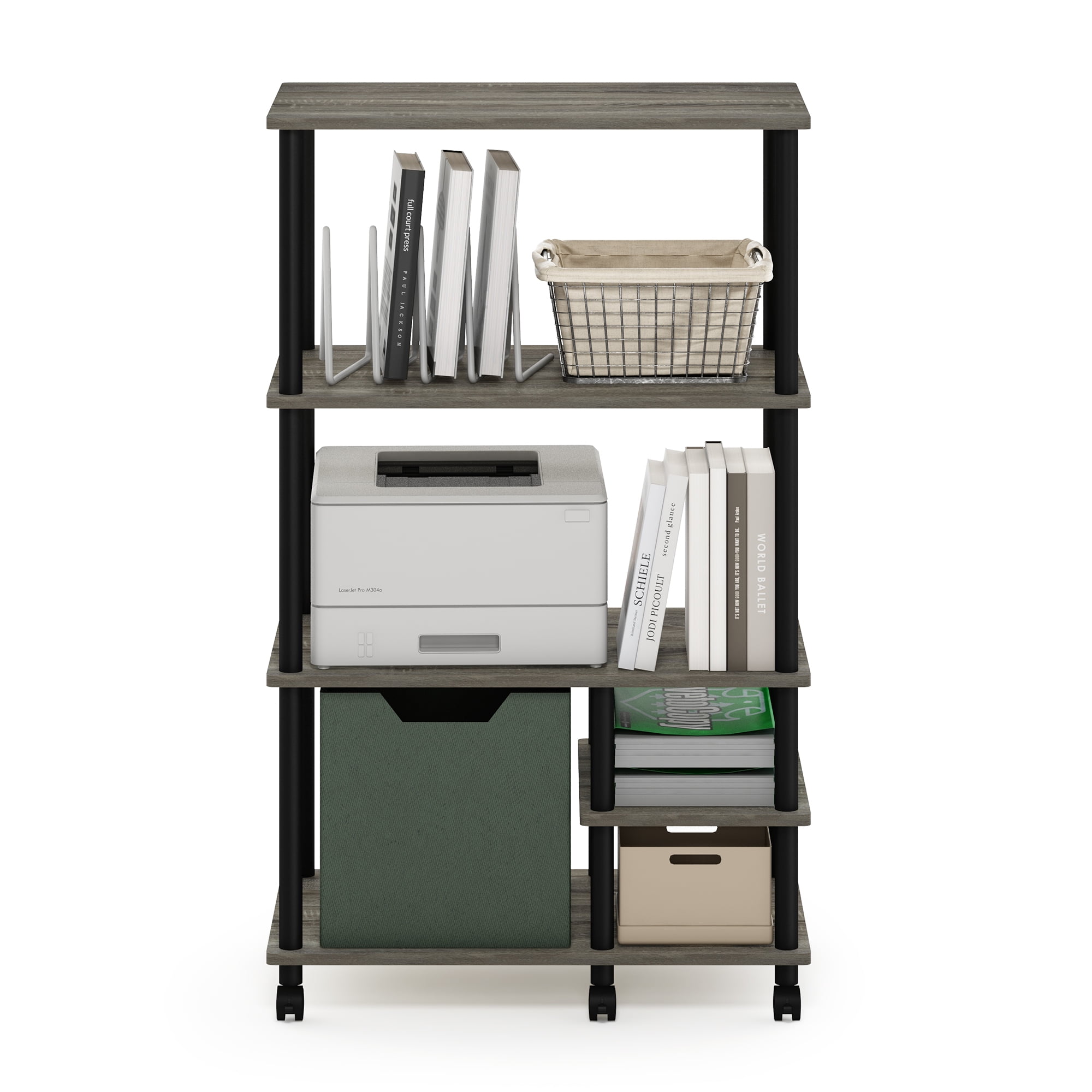 Furinno Turn-N-Tube 4-Tier Toolless Multipurpose Printer Stand Display Storage Shelf with Wheels, French Oak Grey/Black