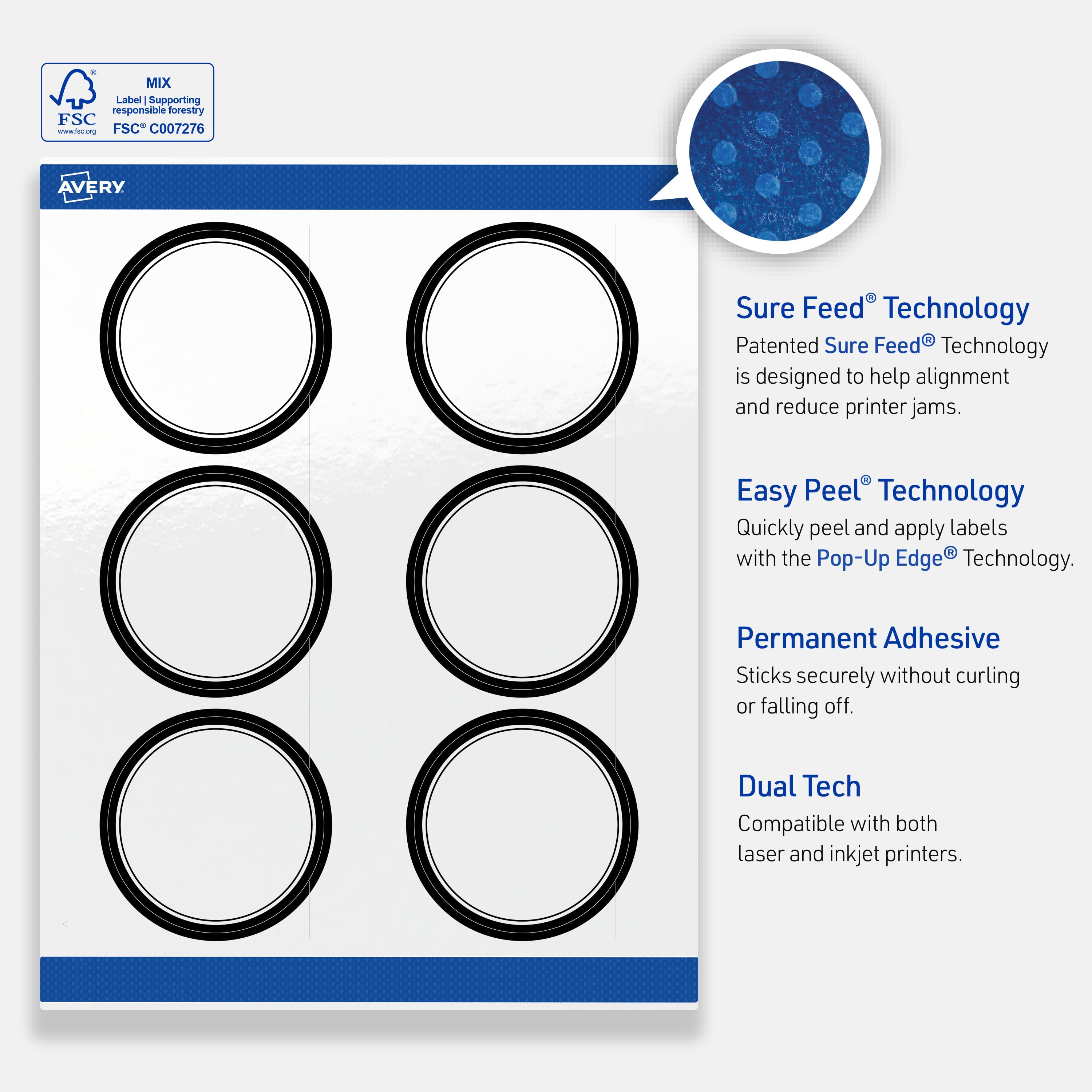 Avery 3" Diameter Labels, Double Black Border, 60 ct, Glossy, Double Black Border