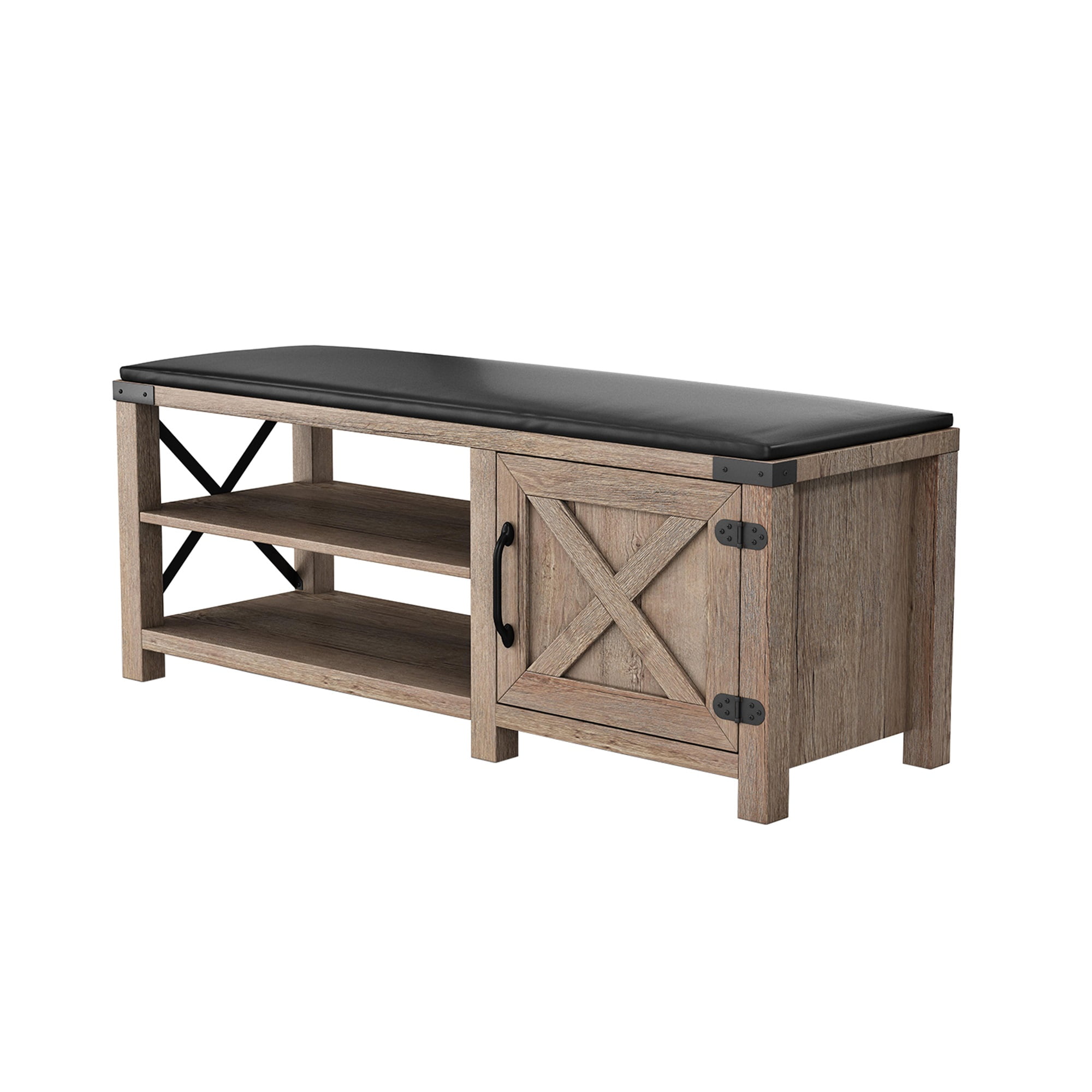 Kadyn 47.24" Modern Farmhouse Shoes Bench With Seat Cushion, Light Brown Kadyn 47.24" Modern Farmhouse Shoes Bench With Seat Cushion, Light Brown