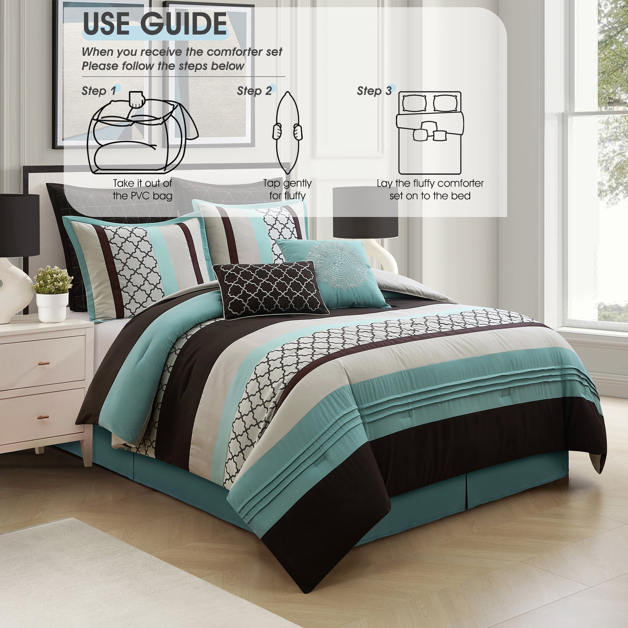 Lanco Moroccan Aqua/Brown/Light Blue 8-Piece Comforter Set, Grey, King, Striped/Geometric Patchwork