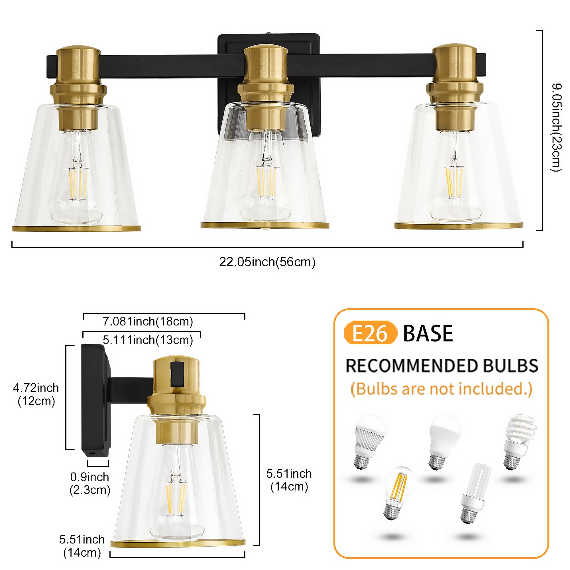 Vanity Lights Black Gold Bathroom Light Fixtures Over Mirror, 3 Light Vanity Lighting Fixtures, Mid Century Modern Wall Sconce with Clear Glass Shades for Farmhouse Bedroom