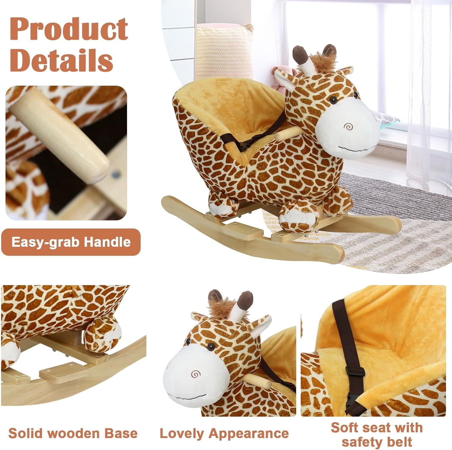 Kinbor Kids Rocking Plush Horse Toy Rocking Giraffe Wooden Ride On Toy with Sound & Seat Belts, Yellow