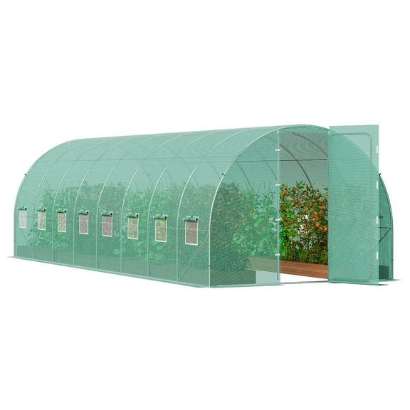 VEVOR Walk-in Tunnel Greenhouse, 27.4x9.5x7.4 ft Hoop House Greenhouse Tunnel, Plant Hot House with Galvanized Steel Frame, Green PE Cover, Swing Door and 16 Roll-up Windows for Outdoor