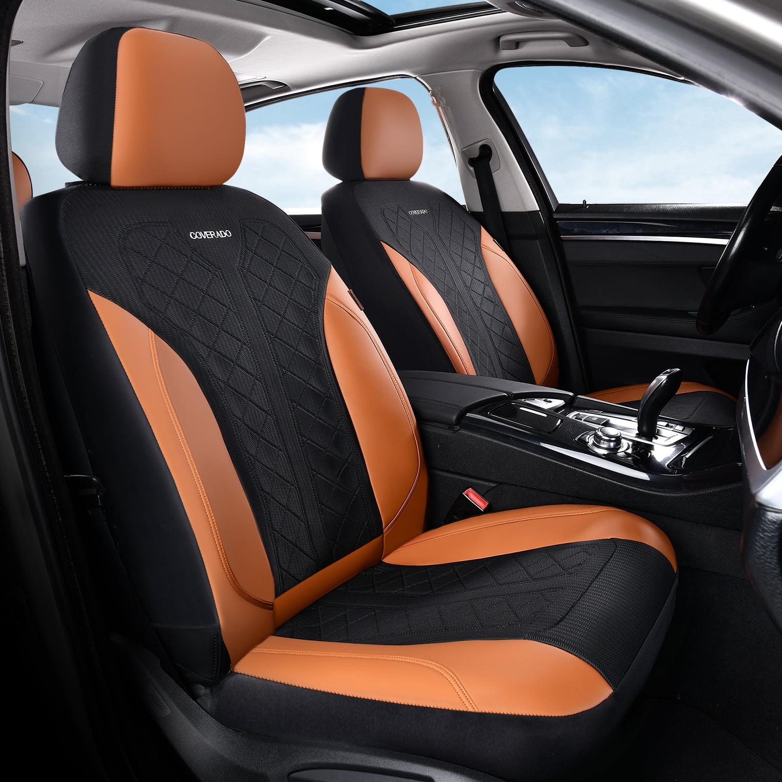 Coverado Car Seat Covers Full Set, Luxury Faux Leather Seat Protectors, Universal Fit for Cars, SUVs, Trucks-Black&Brown