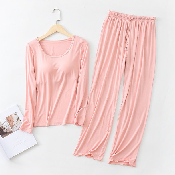 Conjunto de pantalón de manga larga para mujer, pantalón con volantes de manga larga con almohadilla para el pecho, ropa de casa de dos piezas, pijamas sueltos