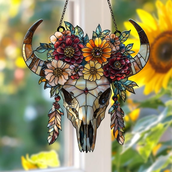 Rustic Western Bull Skull Floral Acrylic Suncatcher Faux Stained Glass Window Hanging, Boho Cow Skull DÃ©cor Feathers Gift For Ranch House