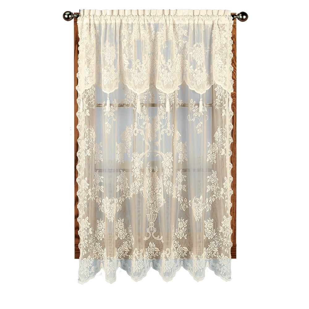 CARLY LACE CURTAIN PANEL WITH ATTACHED VALANCE WITH TASSELS, 63" LONG