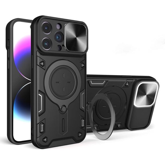 Magnetic Ring Bracket Sliding Window Phone Case for iPhone 14 15 / Pro/Plus/Pro Max, Lens Protection  Shell, Shockproof Stand Back Cover Black