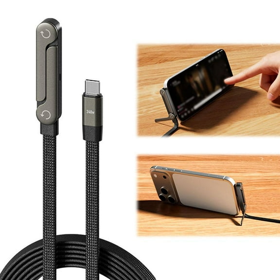 240W Fast Charging Cable with Built-in Phone Stand, 2-in-1 Type-C to Type-C Braided Cable with Adjustable Metal Holder for Desk & Gaming