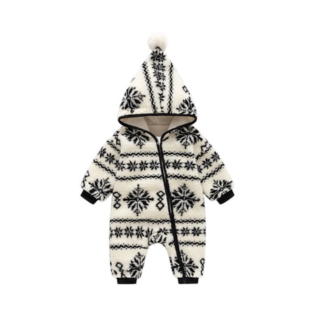 Girl Romper Kids Christmas Snowflake Jumpsuit Winter Romper Lined Hooded Outfit Full Sleeves Newborn Onesies Girl Black 9 M-12 M