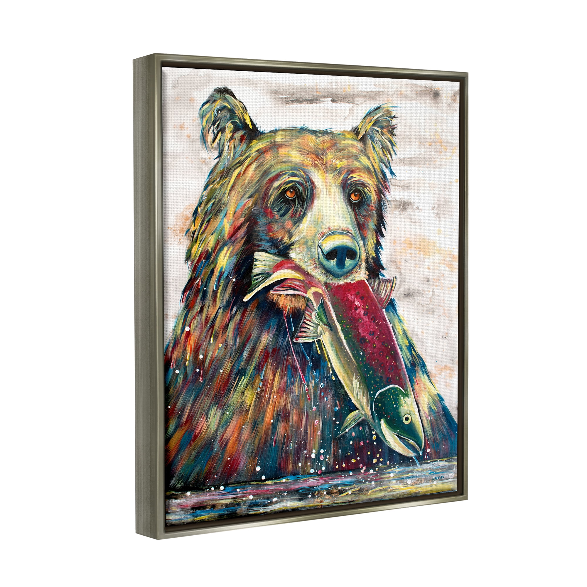 Stupell Bear & Fish Modern Wildlife Splash Animals & Insects Painting Gray Floater Framed Art Print Wall Art