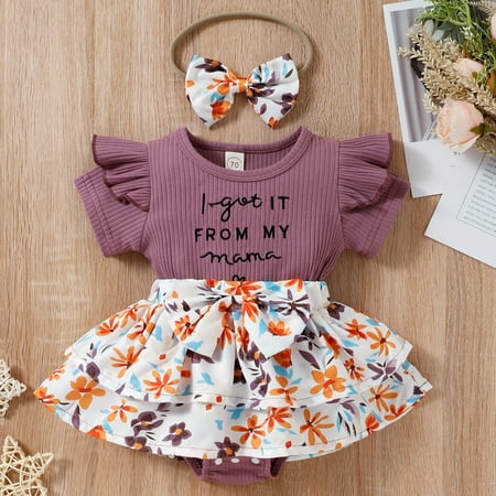 

Zukuco Newborn Infant Baby Girl Clothes Letter Floral Print Summer Outfits Ruffle Short Sleeve Romper Jumpsuit with Headband