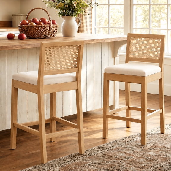 Bar Stools Sets of 2, LEGAHOME 28" Bar Height Bar Stools, Farmhouse Linen Upholstered Bar Stools with Cane Back, Wood Bar Chairs for Kitchen Island Dining Room, Suitable for 40"-42" Table, Beige
