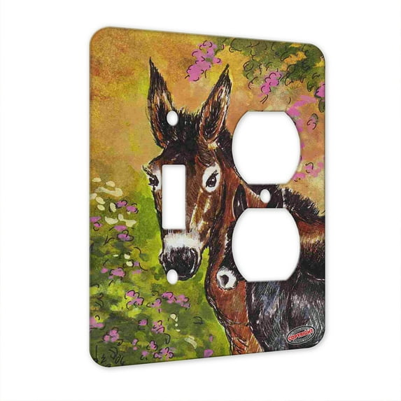 KuzmarK™ 2 Gang Single Toggle / Single Duplex Wall Plate - Donkey Jennet and Foal with Pink Clematis Horse Art by Denise Every