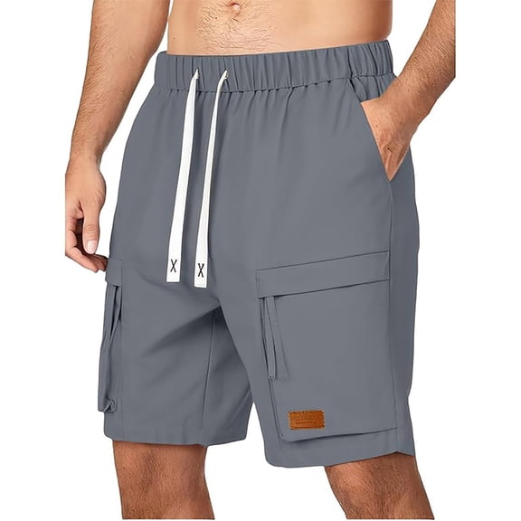 PNTUTB Summer Men's Fashion Solid Color Elastic Waist Drawstring Zipper Multi-Pocket Casual Loose Comfortable Shorts