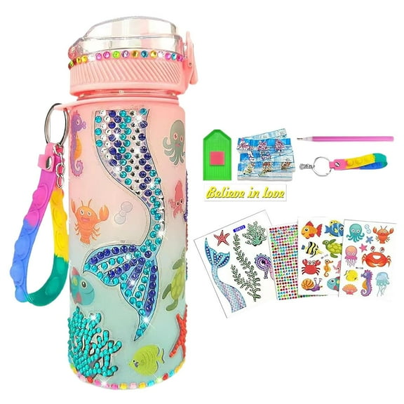 DIY Gem Painting Water Bottle 600ml - Diamond Art Craft Kit with Decorative Stickers, Creative Arts & Crafts Project for Girls