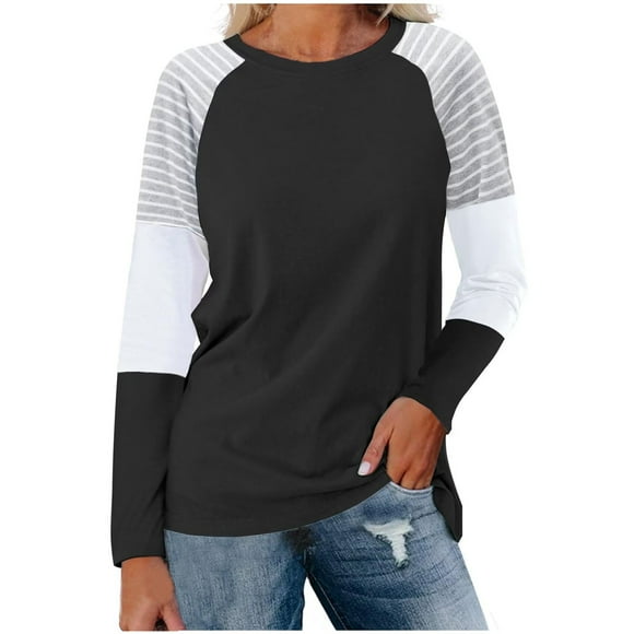 lcziwo Women's Color Block Tunic Tops Casual Long Sleeve Shirts Round Neck Loose Fit T Shirt Fall Lightweight Pullover 2024 Black