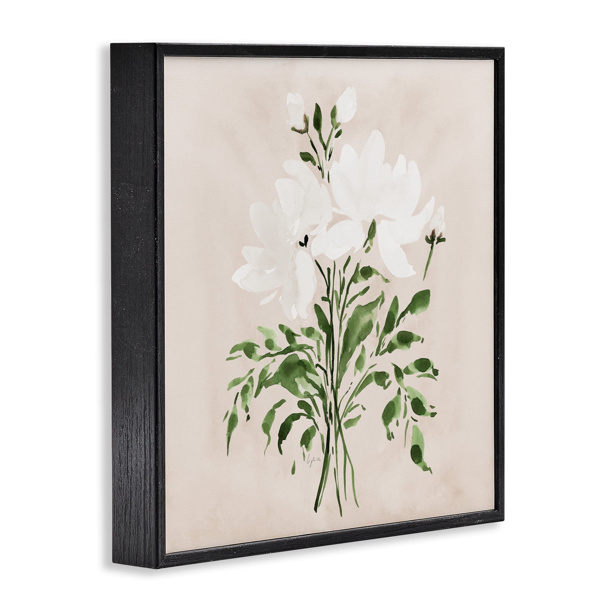 Stupell Industries White On Tan Floral Black Framed Giclee Art, design by Lucille Price