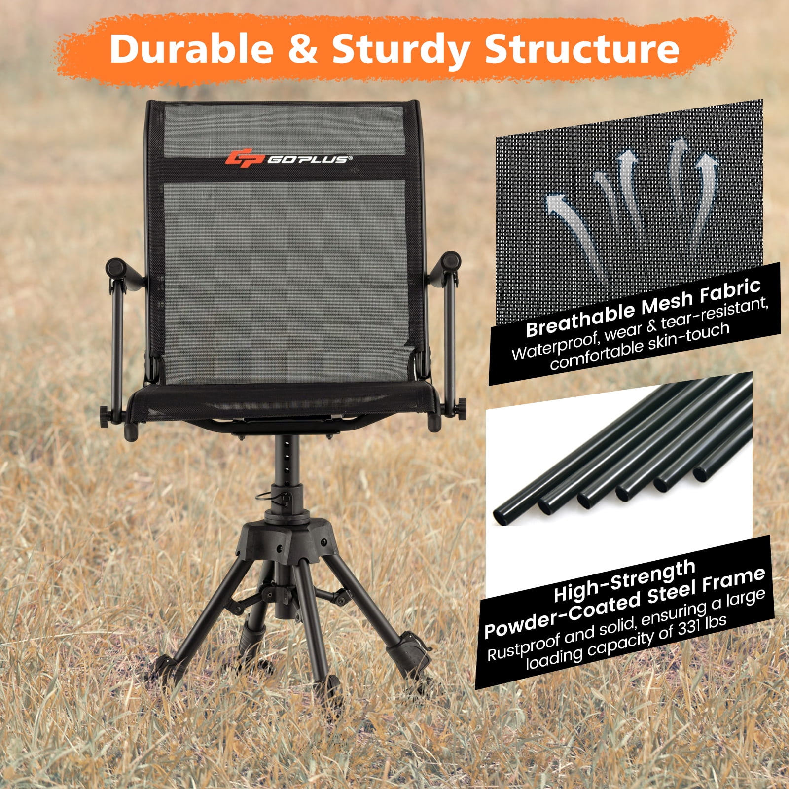 Topbuy 360° Swivel Blind Hunting Chair, Foldable & Portable Hunting Chair W/ Oversized Duck Feet Padded Armrests Mesh Back&Height Adjustable