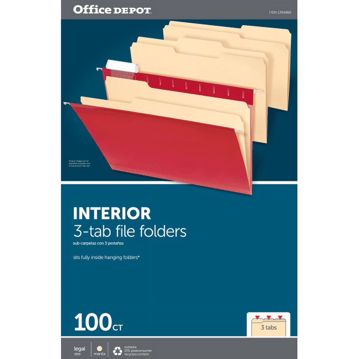 Office Depot® Brand Interior File Folders, 1/3 Cut, Legal Size, Manila, Box Of 100