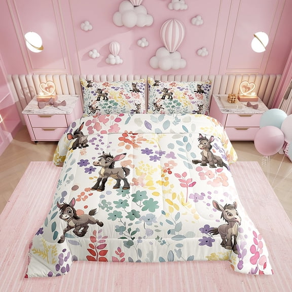 Kawaii Donkey Bedding Set Twin Size,Farmhouse Donkey Flower Comforter Set,Cute Watercolor Floral Quilt Bed Set Rustic Farm Animal Down Comforter with 1 Pillowcase