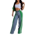 thumbnail image 3 of Women'S Patchwork High Waist Wide Leg Jeans Color Block Denim Straight Leg Trendy Trousers Blue Denim & Green XL, 3 of 7