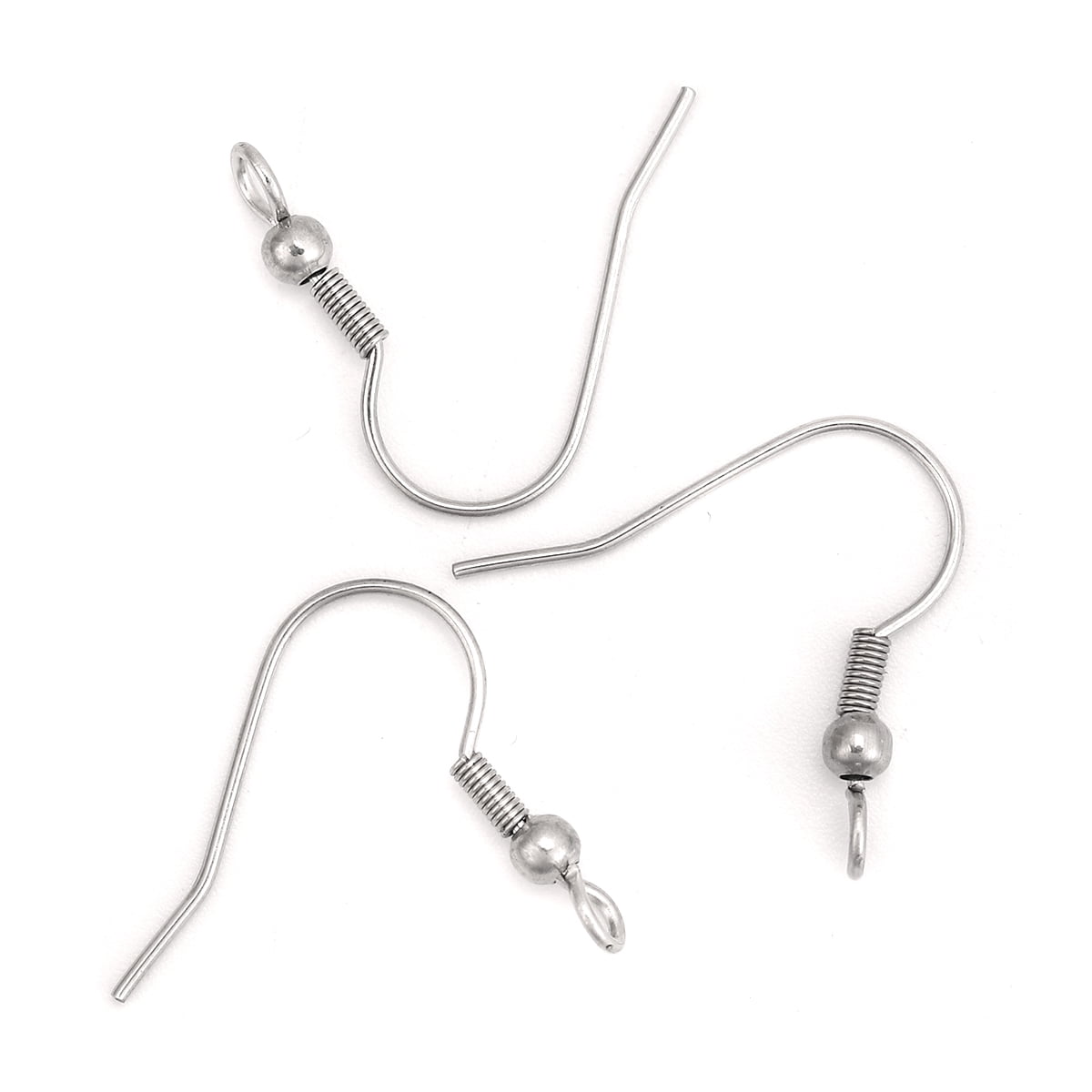 E083B - 1000 pcs 304 Stainless Steel Silver Tone Earring Hooks with Spring and Ball - 22mm x 20mm - Hole Size: 2mm - Perpendicular Loop