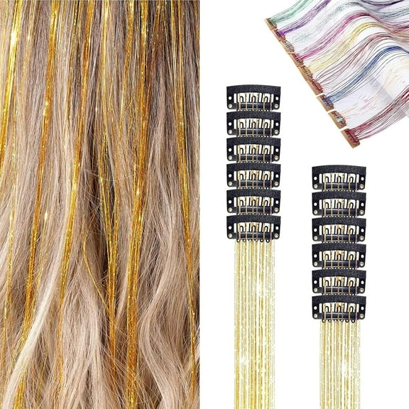 6pcs Hair Tinsel With Clips, Champagne Hair Tinsel Clips, Tinsels Hair Extensions Clip In Champagne,Approximately 20 Inch Glitter Tinsels Hair Extensions, Fairy Hairs Kit,  (6pcs Gold,,kkl)