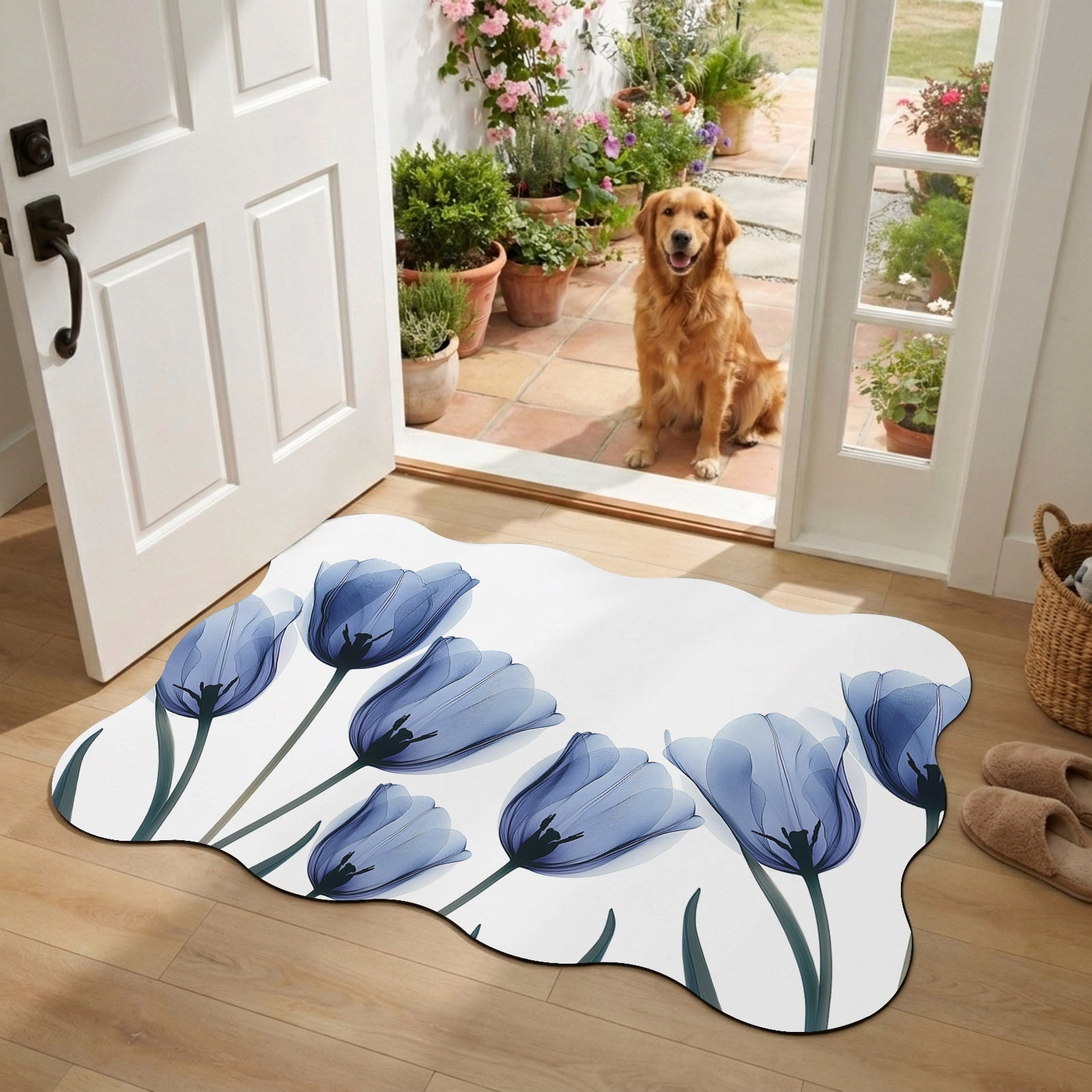 Indoor Doormat Front Door Mat 20 x31.5 Blue Tulip Flower Absorbent & Non-Slip Scalloped Doormat Indoor Entrance Low-Profile Welcome Mat for Entryway Patio Vintage Spring Plant Floral Botanical