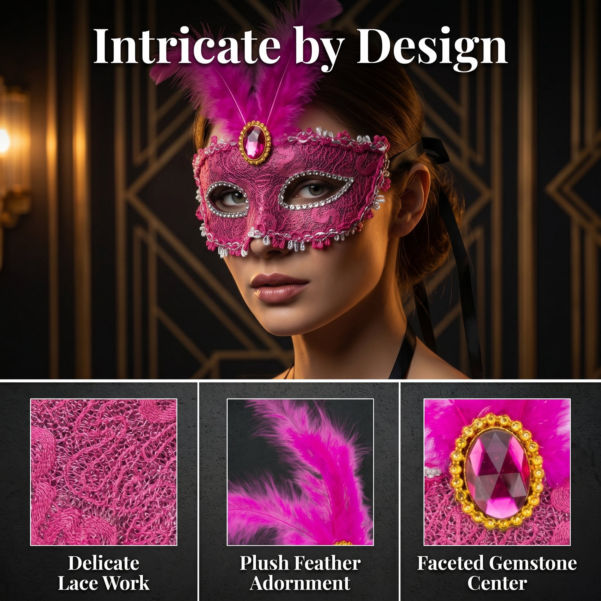 Unique Bargains Feather Masquerade Venetian Half Face Mask for Halloween Rose 8.3" x 6.3"