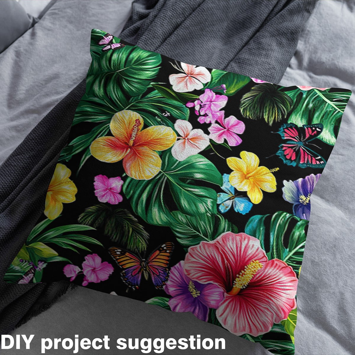 Feelyou Tropical Flower Fabric by the Yard 5 Yards, Colorful Blossoms Fabric for Sewing, Green Palm Tree Leaves Home Decor Fabric by the Yard, Microfiber Bedroom Decor