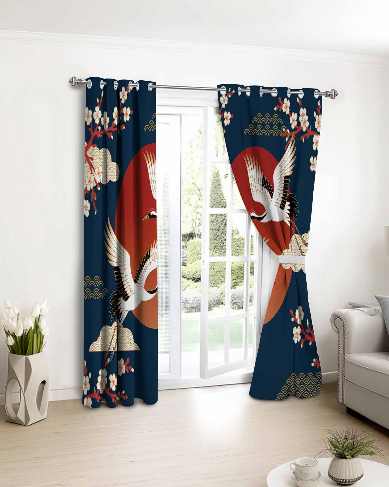 Japanese Style Blackout Curtains for Bedroom/Living Room, Thermal Insulated Kitchen Curtains, Modern Cranes Cherry Flower Wave Navy Blue Grommet Darkening Window Treatment Drapes 27.5"x39"x2